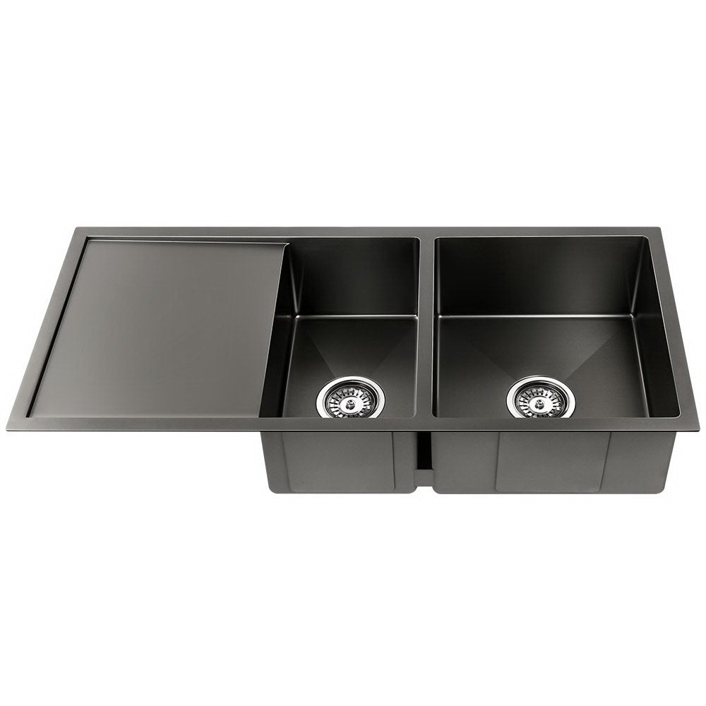 Cefito Kitchen Sink 100X45CM Stainless Steel Basin Double Bowl Black-1