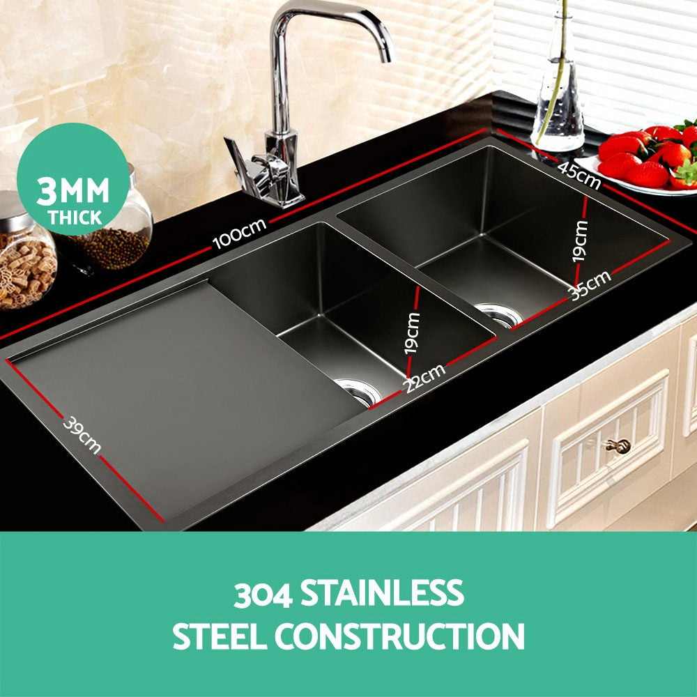 Cefito Kitchen Sink 100X45CM Stainless Steel Basin Double Bowl Black-2