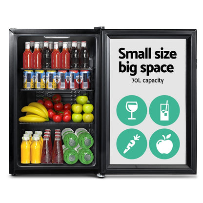Devanti 70L Bar Fridge Glass Door w/Light Black-2