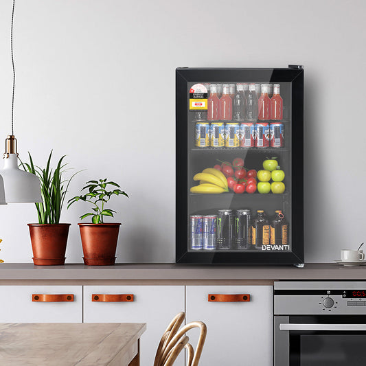 Devanti 70L Bar Fridge Glass Door w/Light Black-0