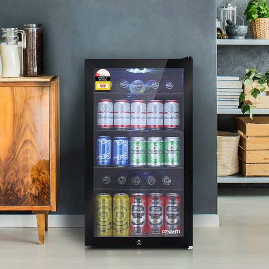 Devanti 98L Bar Fridge Glass Door Mini Fridges Freezer Black-0